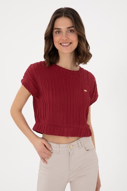 Kadın Vişne Crop Bisiklet Yaka Tişört