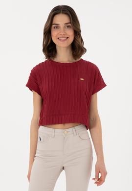 Kadın Vişne Crop Bisiklet Yaka Tişört - 50300801027