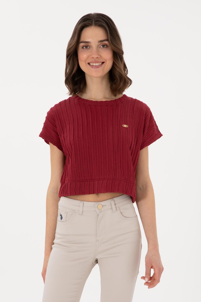 Kadın Vişne Crop Bisiklet Yaka Tişört