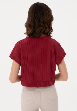 Kadın Vişne Crop Bisiklet Yaka Tişört - 50300801027