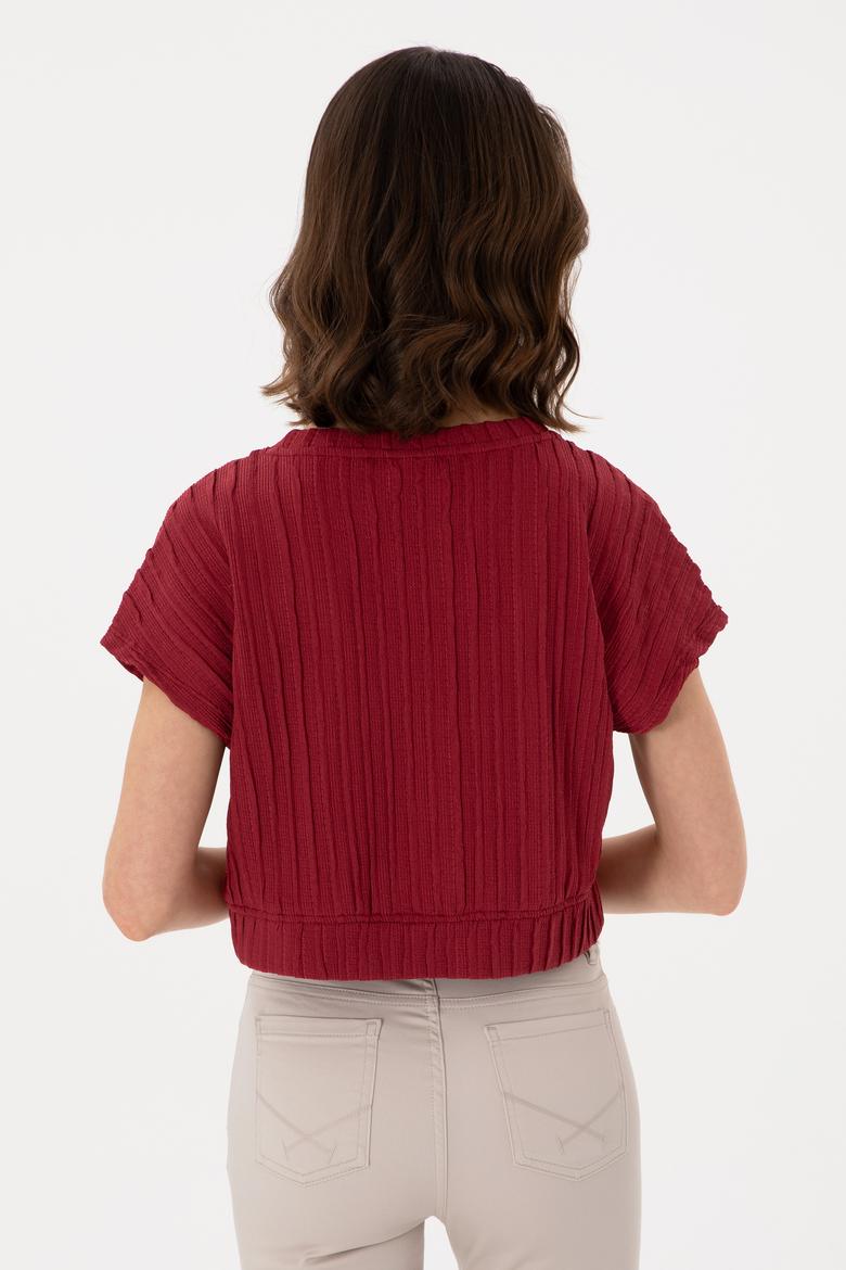 Kadın Vişne Crop Bisiklet Yaka Tişört - 50300801027