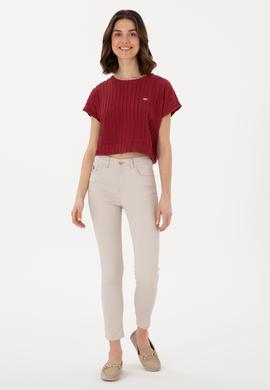 Kadın Vişne Crop Bisiklet Yaka Tişört - 50300801027