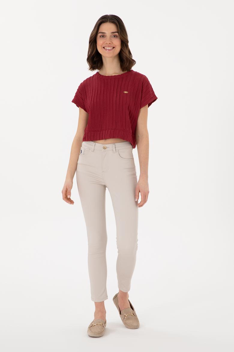 Kadın Vişne Crop Bisiklet Yaka Tişört - 50300801027