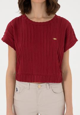 Kadın Vişne Crop Bisiklet Yaka Tişört - 50300801027