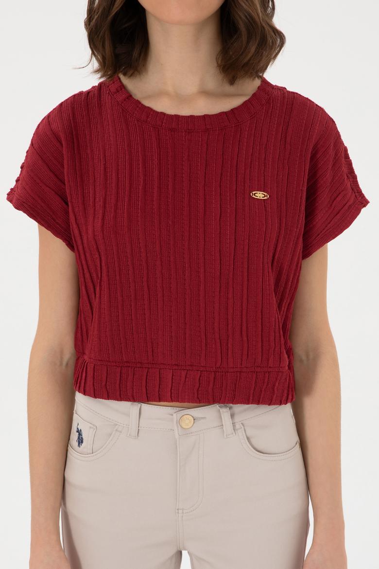 Kadın Vişne Crop Bisiklet Yaka Tişört - 50300801027