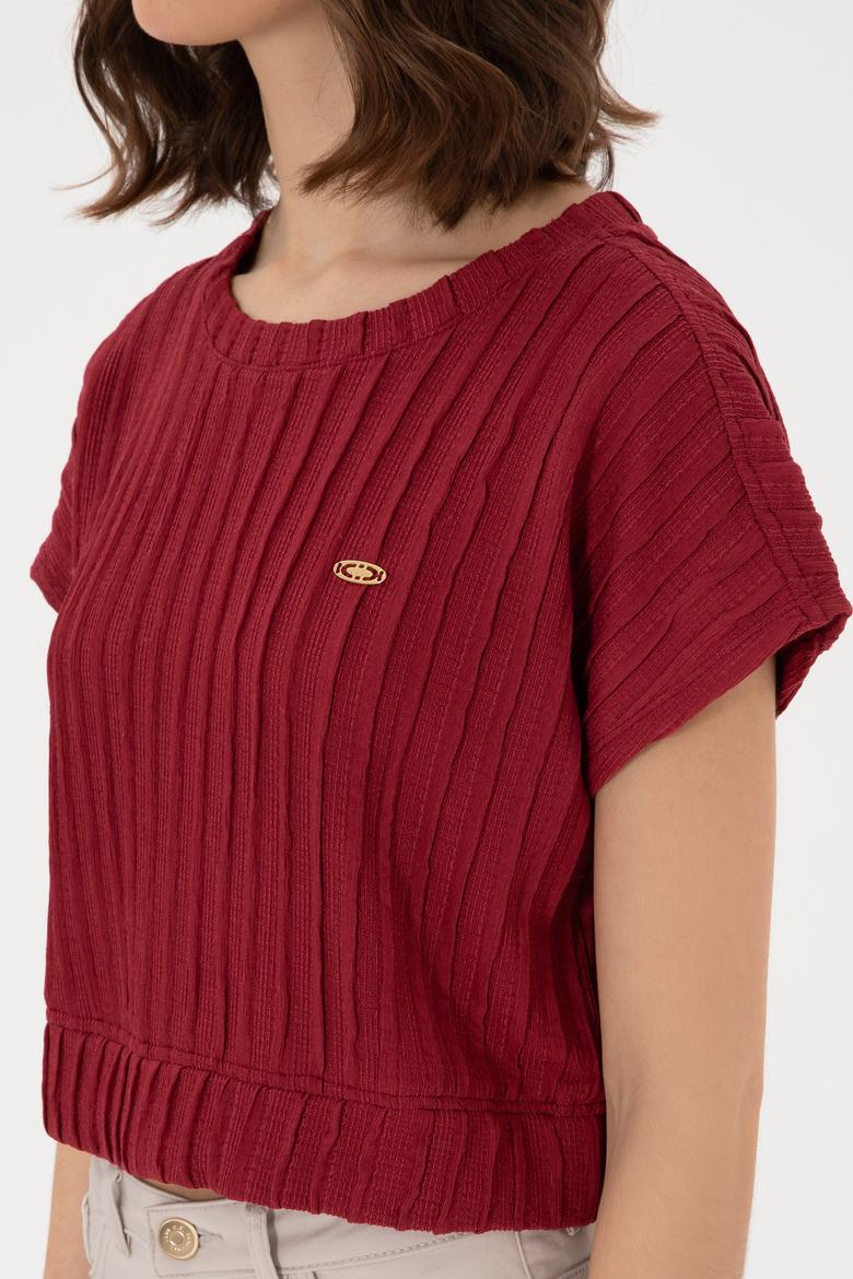 Kadın Vişne Crop Bisiklet Yaka Tişört - 50300801027