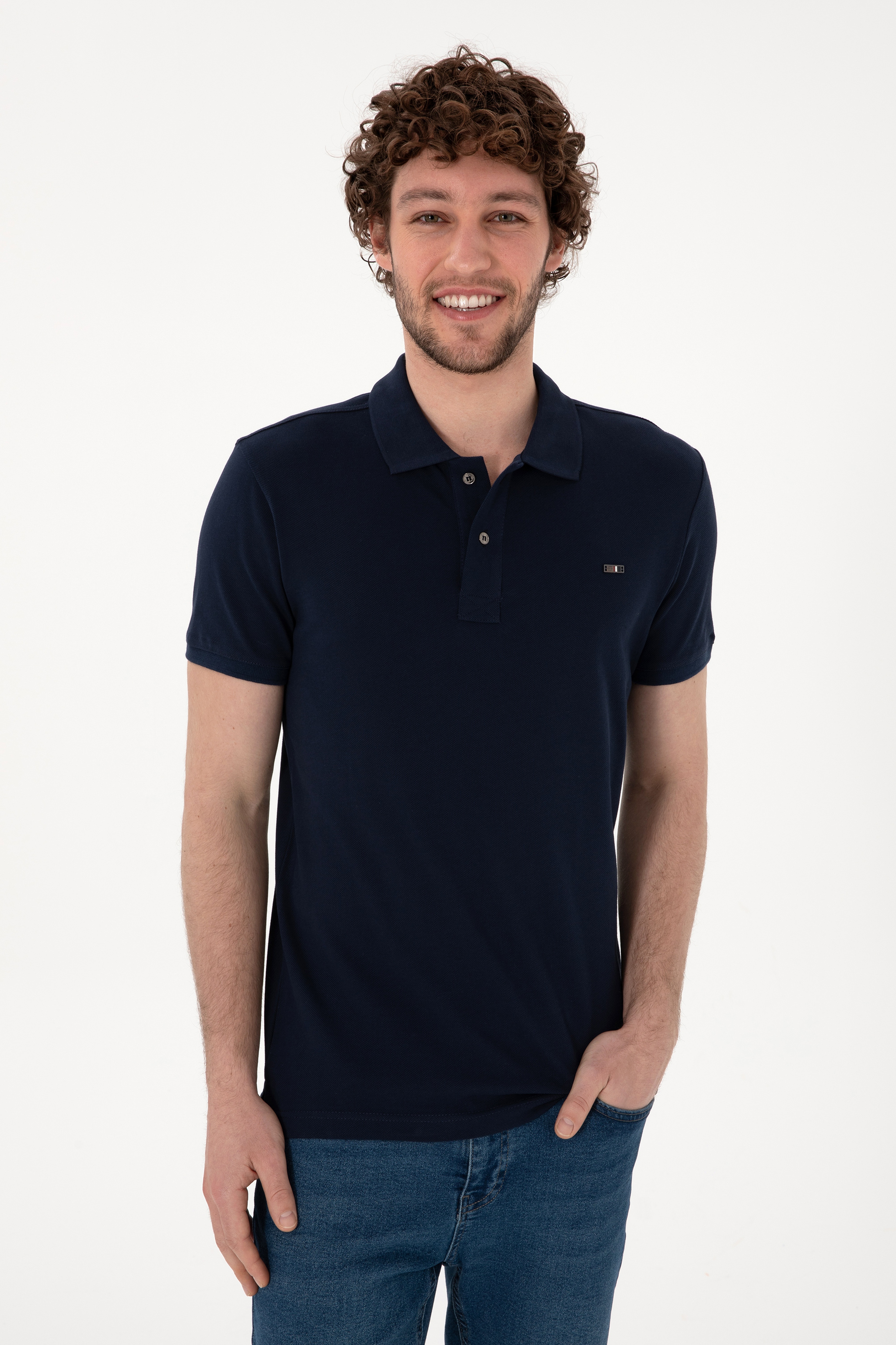 Erkek Slim Fit Polo Yaka Lacivert Basic Tişört