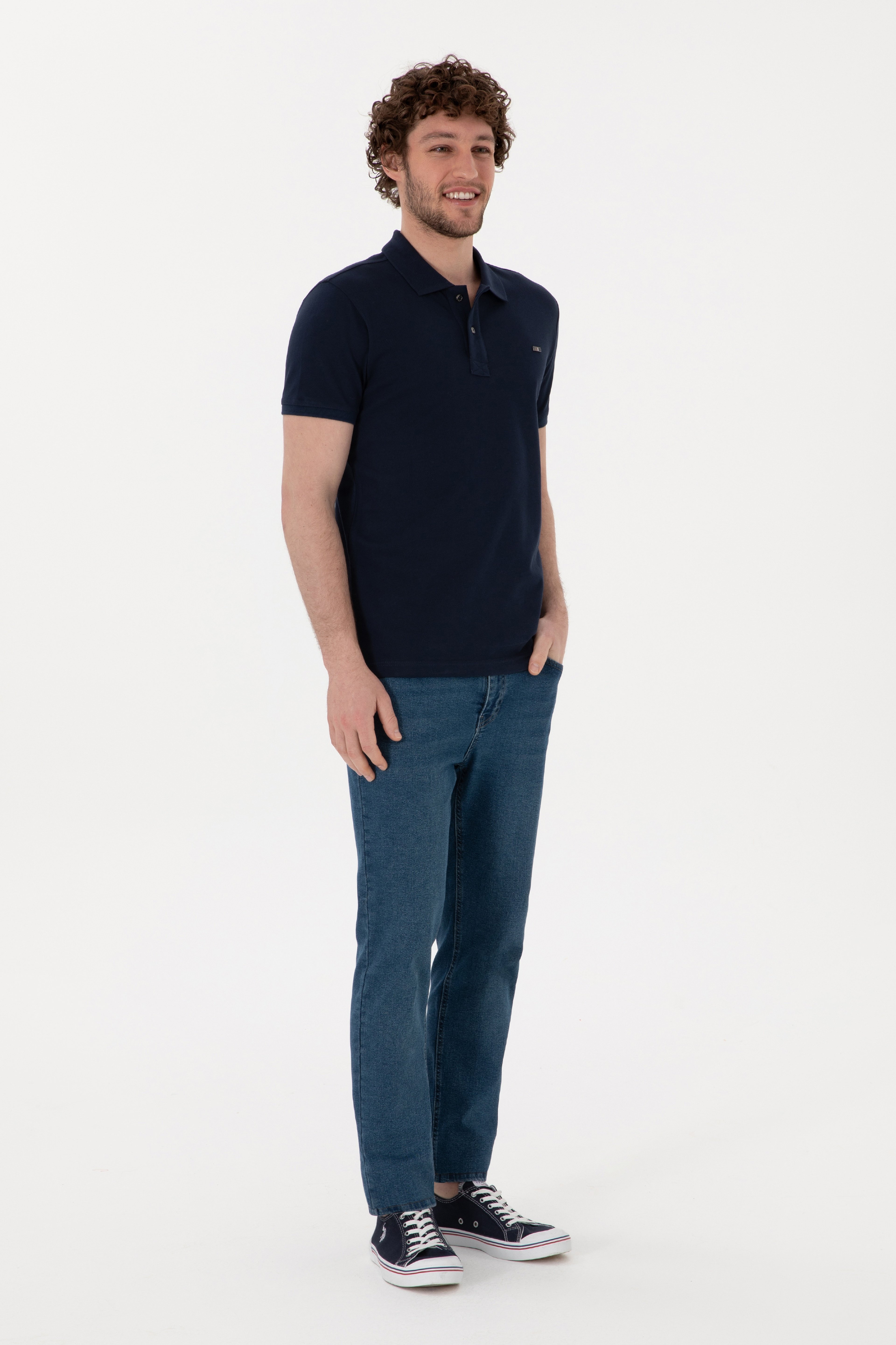 Erkek Slim Fit Polo Yaka Lacivert Basic Tişört