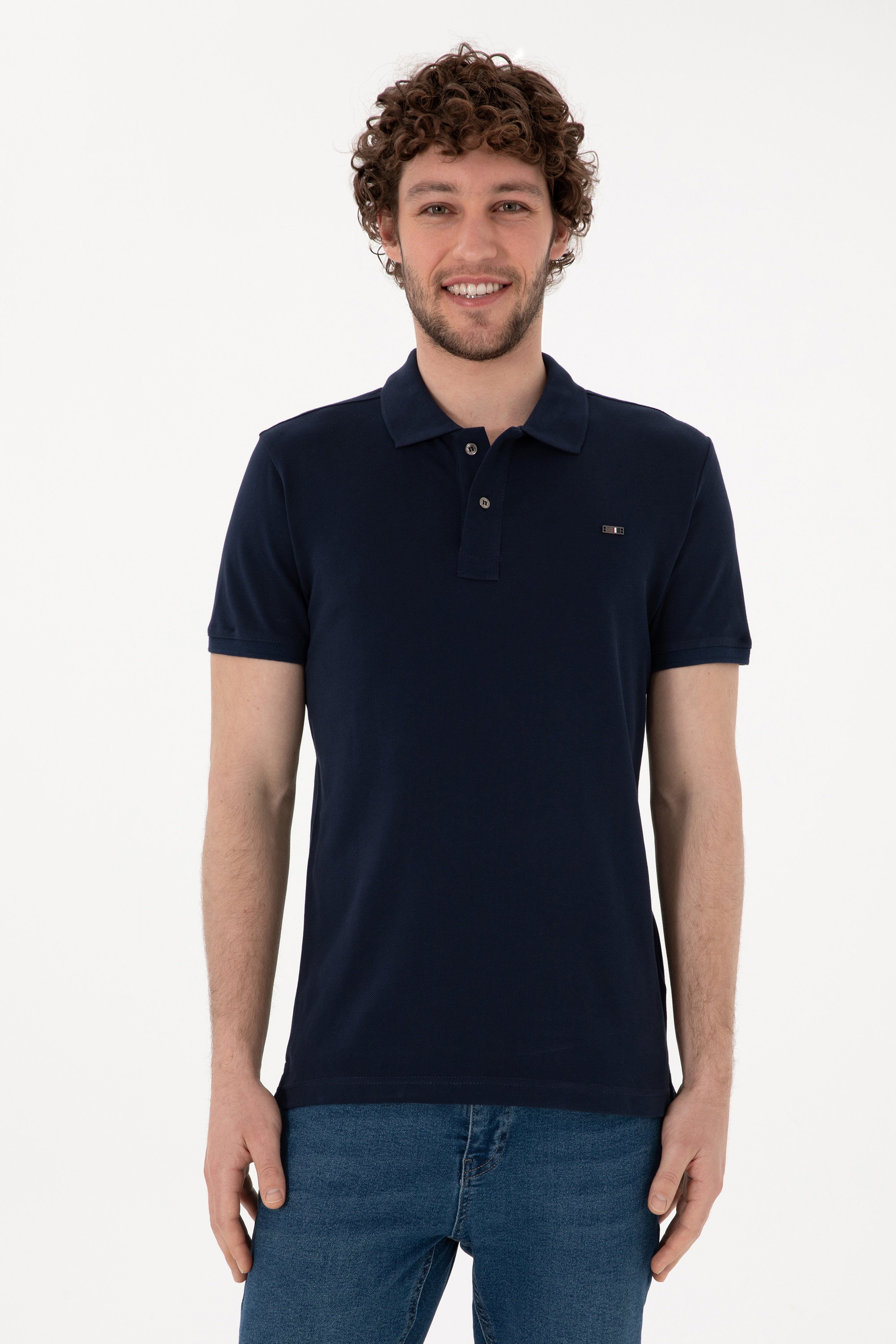 Erkek Slim Fit Polo Yaka Lacivert Basic Tişört - Image 1