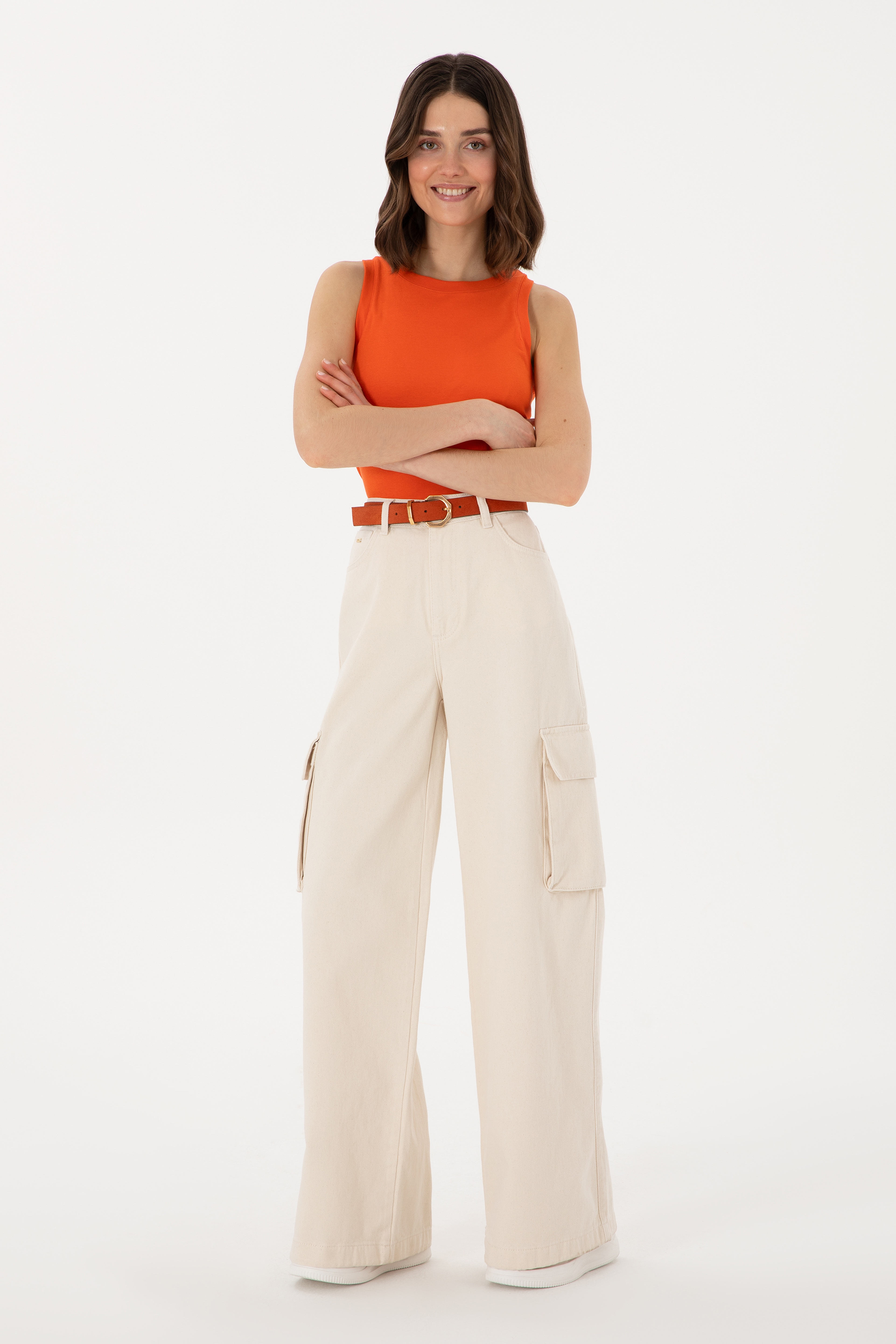 Kadın Ekru Kargofit Jean Pantolon - Image 3