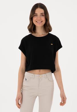 Kadın Siyah Crop Bisiklet Yaka Tişört - 50305682006