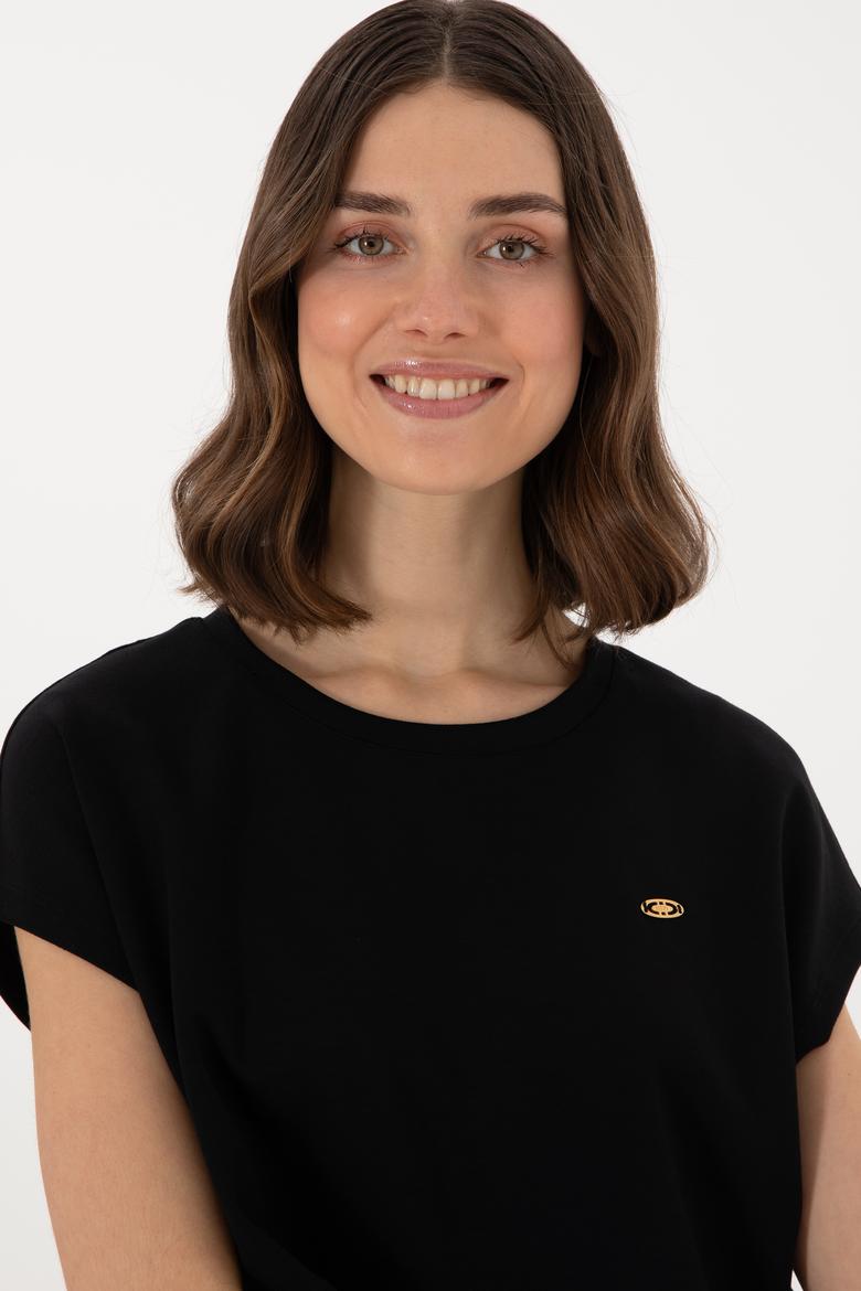 Kadın Siyah Crop Bisiklet Yaka Tişört - 50305682006