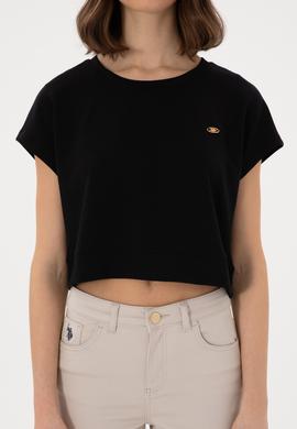 Kadın Siyah Crop Bisiklet Yaka Tişört - 50305682006