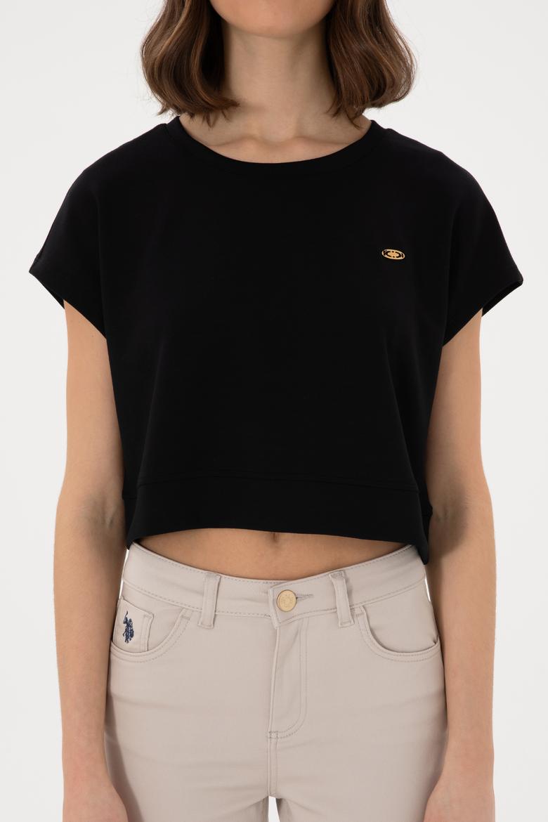 Kadın Siyah Crop Bisiklet Yaka Tişört - 50305682006
