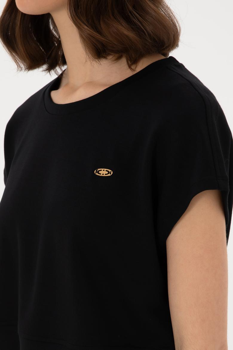 Kadın Siyah Crop Bisiklet Yaka Tişört - 50305682006