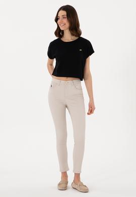 Kadın Siyah Crop Bisiklet Yaka Tişört - 50305682006