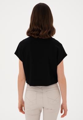 Kadın Siyah Crop Bisiklet Yaka Tişört - 50305682006