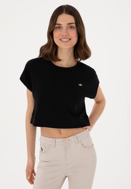 Kadın Siyah Crop Bisiklet Yaka Tişört - 50305682006