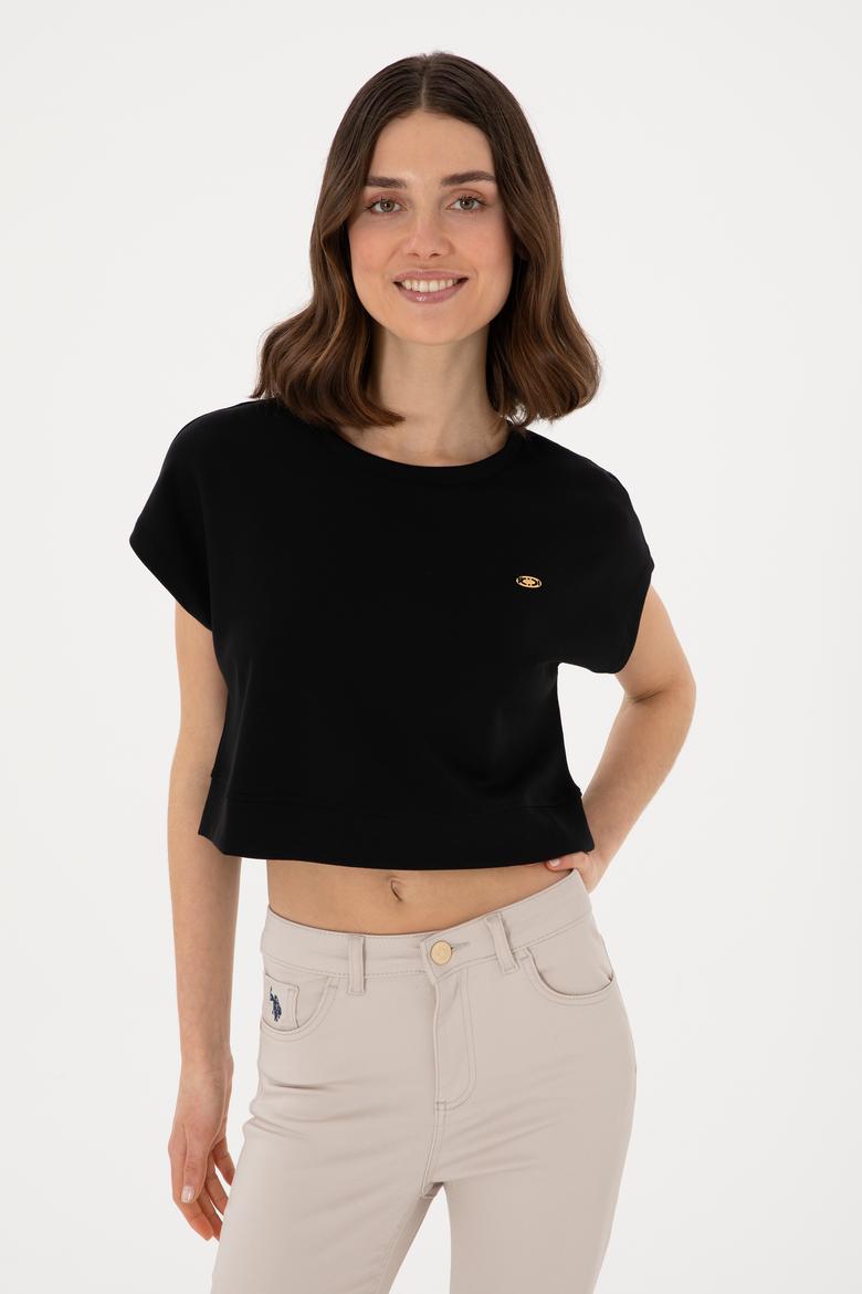 Kadın Siyah Crop Bisiklet Yaka Tişört - 50305682006