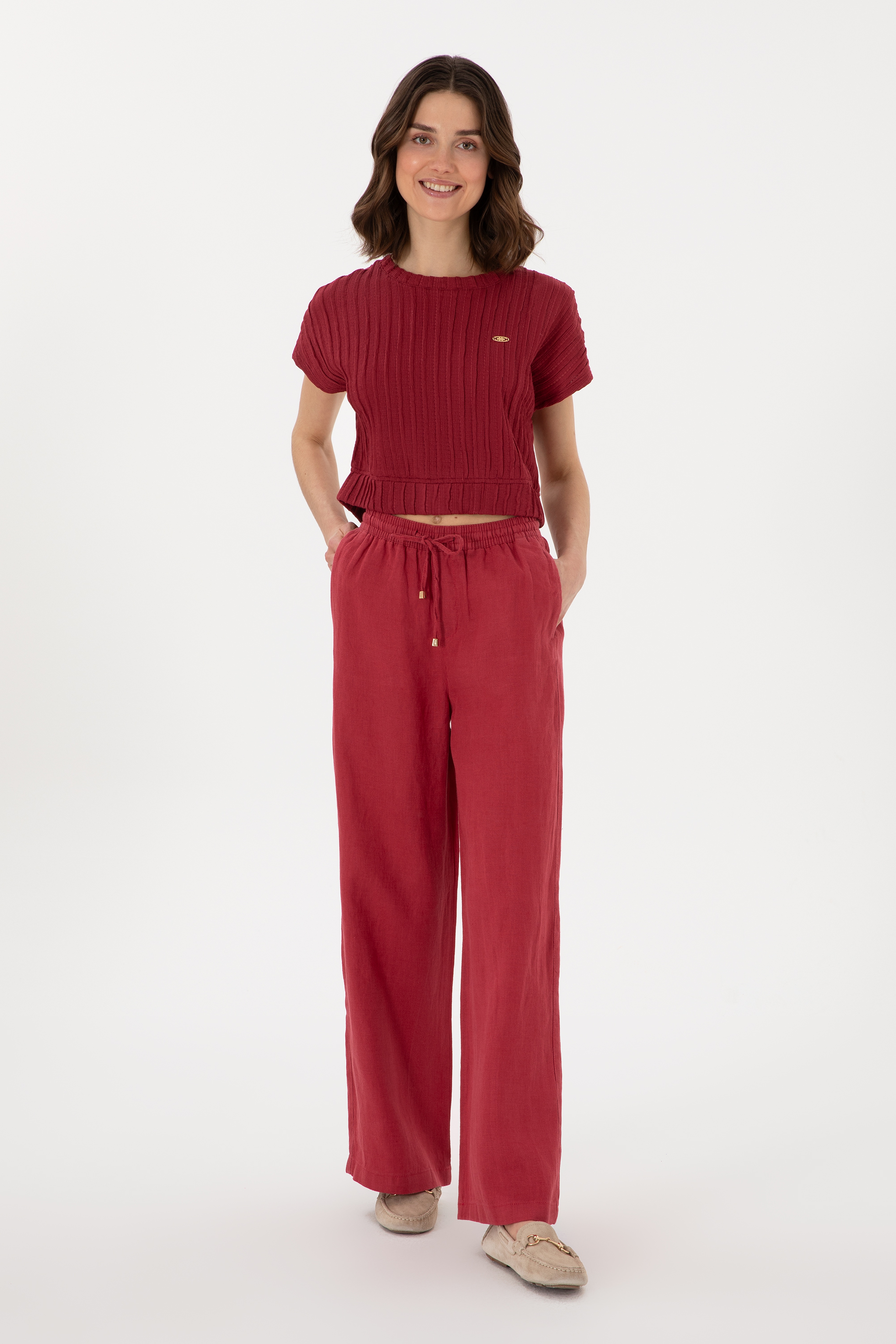 Kadın Vişne Loose Relax Fit Kanvas Pantolon - Image 3
