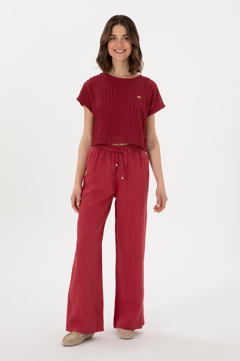 Kadın Vişne Loose Relax Fit Kanvas Pantolon