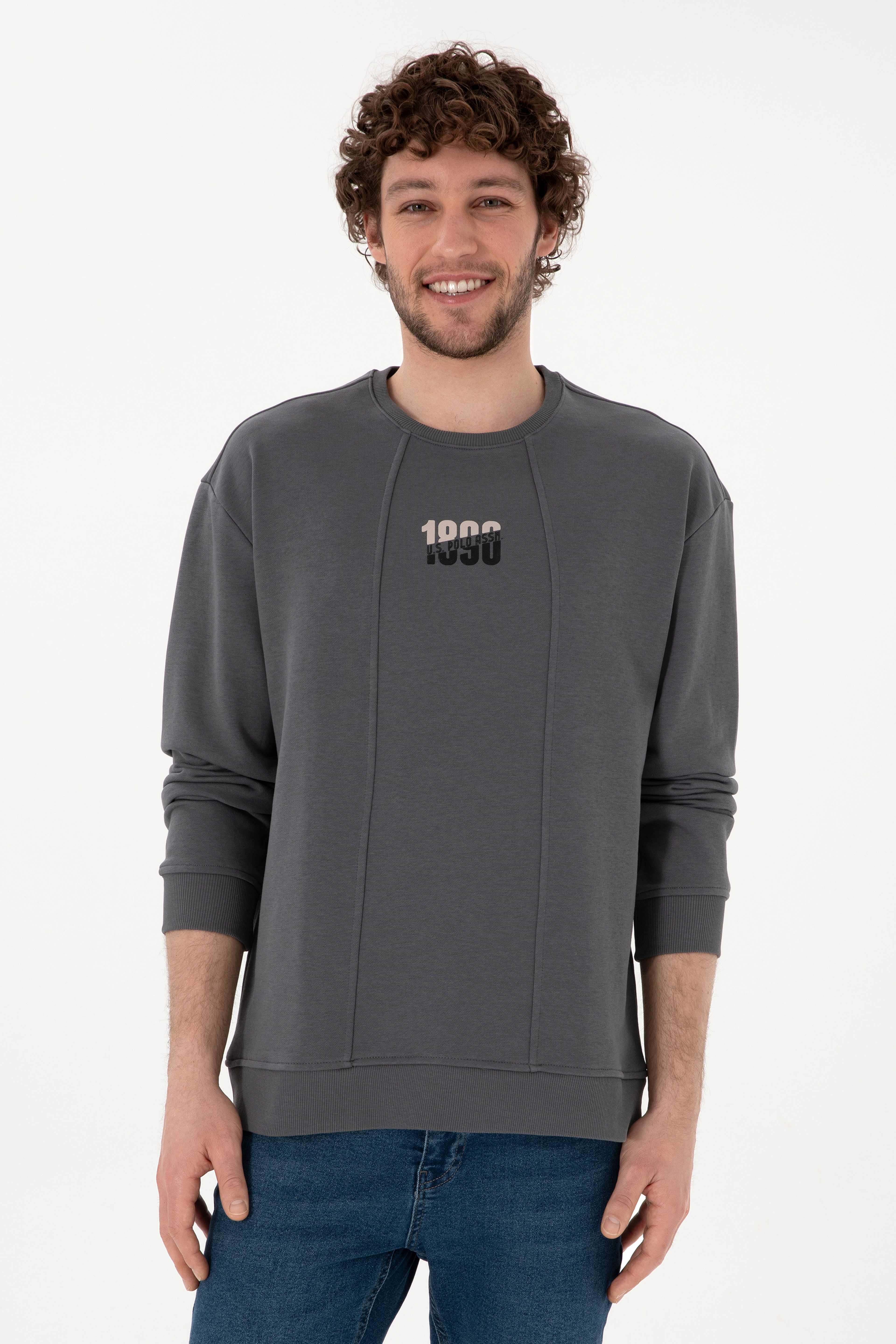 Erkek Bisiklet Yaka Antrasit Comfort Fit Sweatshirt - Image 1