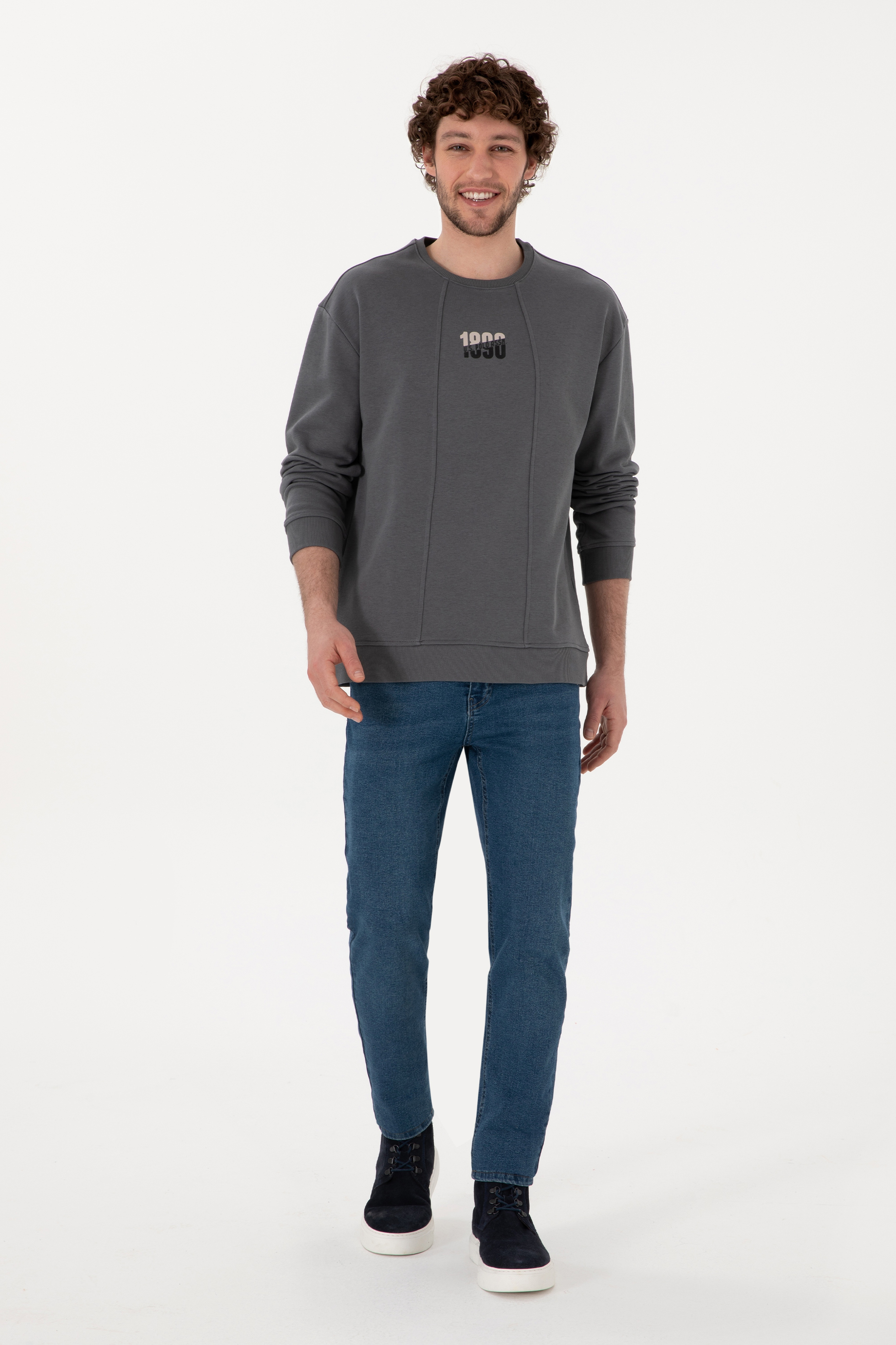 Erkek Bisiklet Yaka Antrasit Comfort Fit Sweatshirt - Image 4