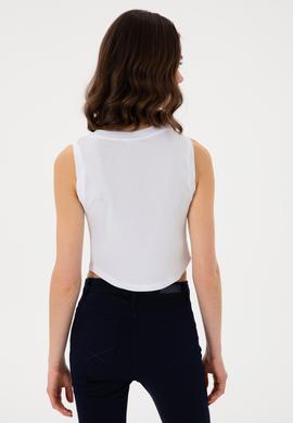 Kadın Beyaz Kolsuz Bisiklet Yaka Crop Basic Tişört - 50305695051