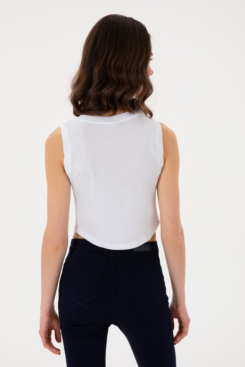 Kadın Beyaz Kolsuz Bisiklet Yaka Crop Basic Tişört - 50305695051