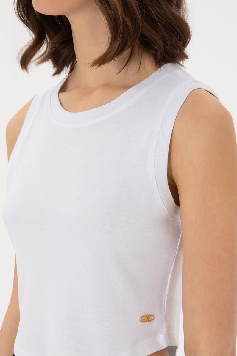 Kadın Beyaz Kolsuz Bisiklet Yaka Crop Basic Tişört