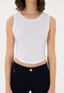 Kadın Beyaz Kolsuz Bisiklet Yaka Crop Basic Tişört - 50305695051