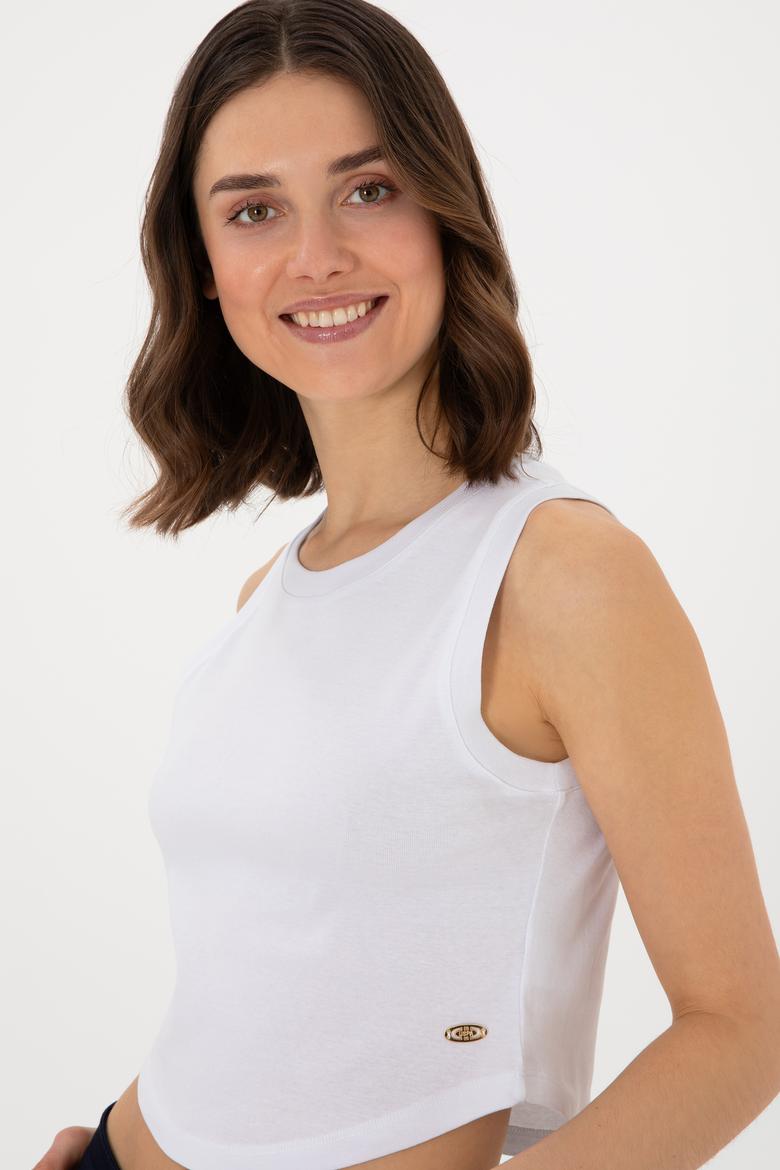 Kadın Beyaz Kolsuz Bisiklet Yaka Crop Basic Tişört - 50305695051