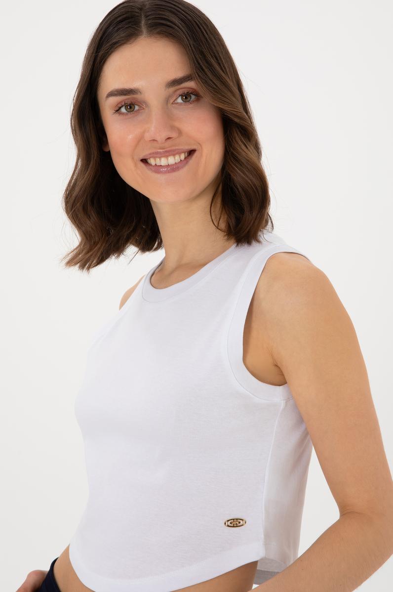 Kadın Beyaz Kolsuz Bisiklet Yaka Crop Basic Tişört