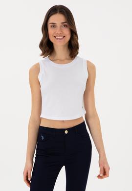 Kadın Beyaz Kolsuz Bisiklet Yaka Crop Basic Tişört - 50305695051