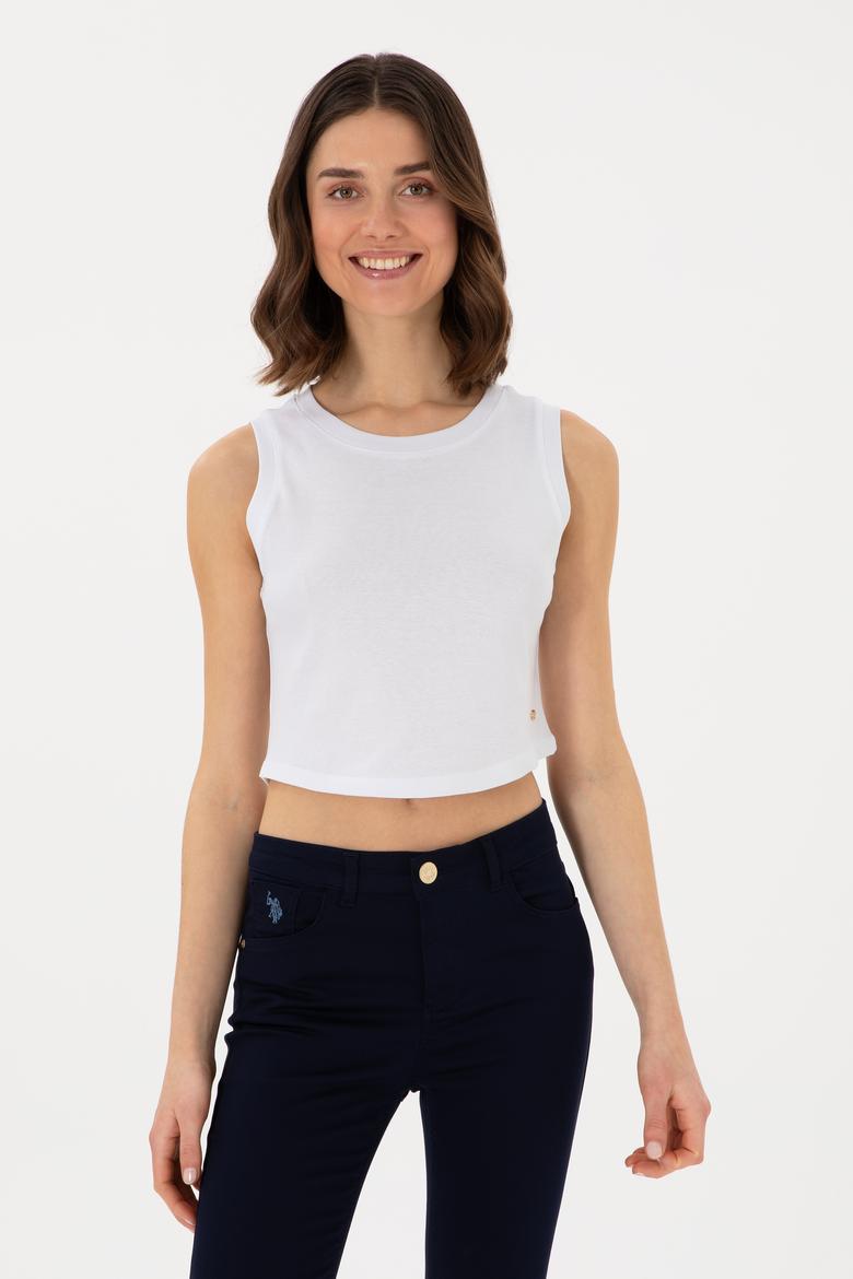 Kadın Beyaz Kolsuz Bisiklet Yaka Crop Basic Tişört