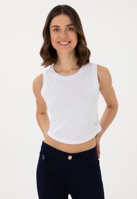 Kadın Beyaz Kolsuz Bisiklet Yaka Crop Basic Tişört - 50305695051