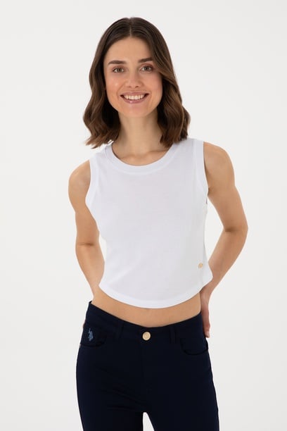 Kadın Beyaz Kolsuz Bisiklet Yaka Crop Basic Tişört