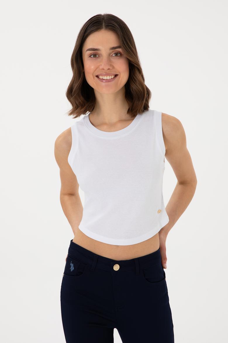 Kadın Beyaz Kolsuz Bisiklet Yaka Crop Basic Tişört - 50305695051