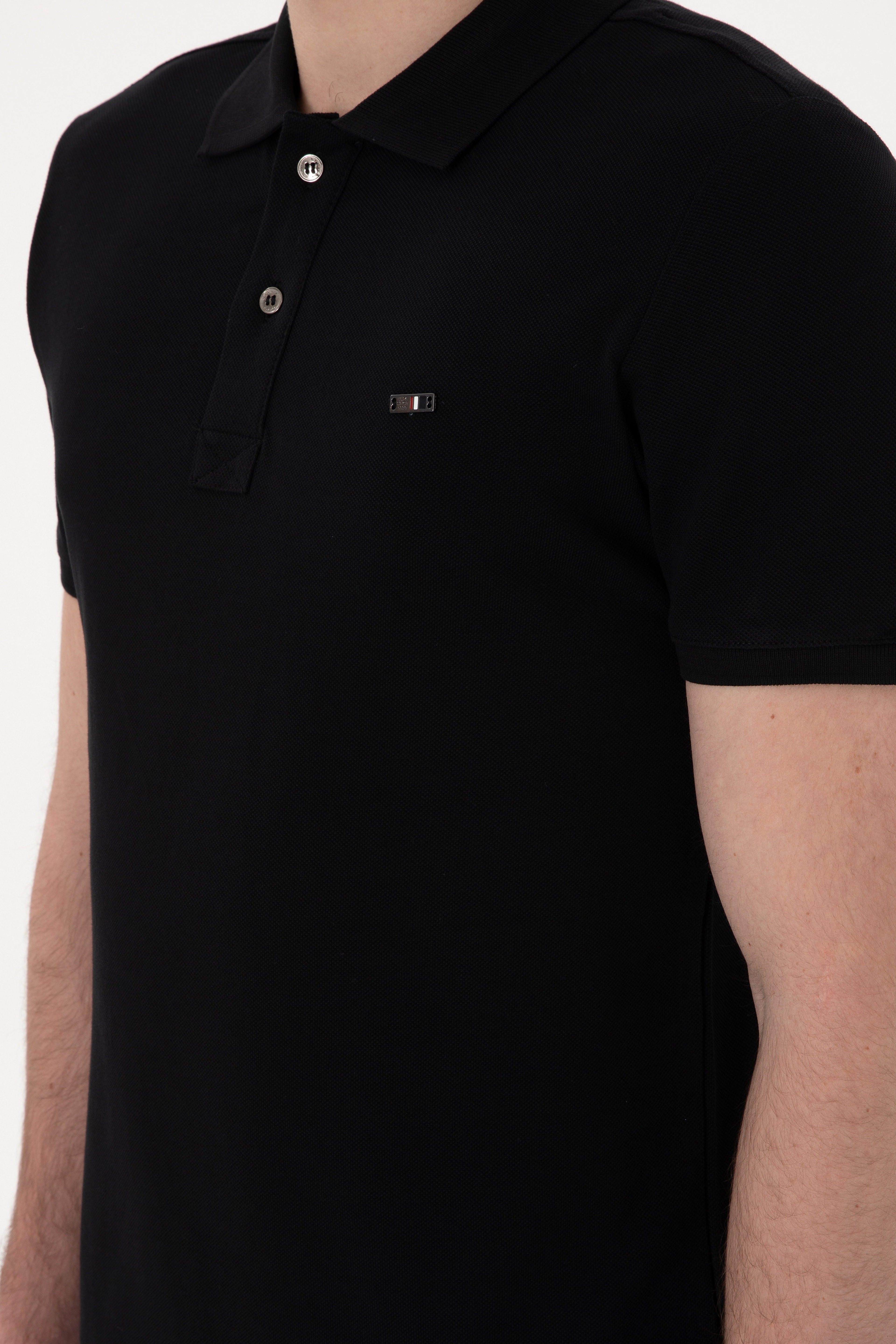 Erkek Slim Fit Polo Yaka Siyah Basic Tişört - Image 7