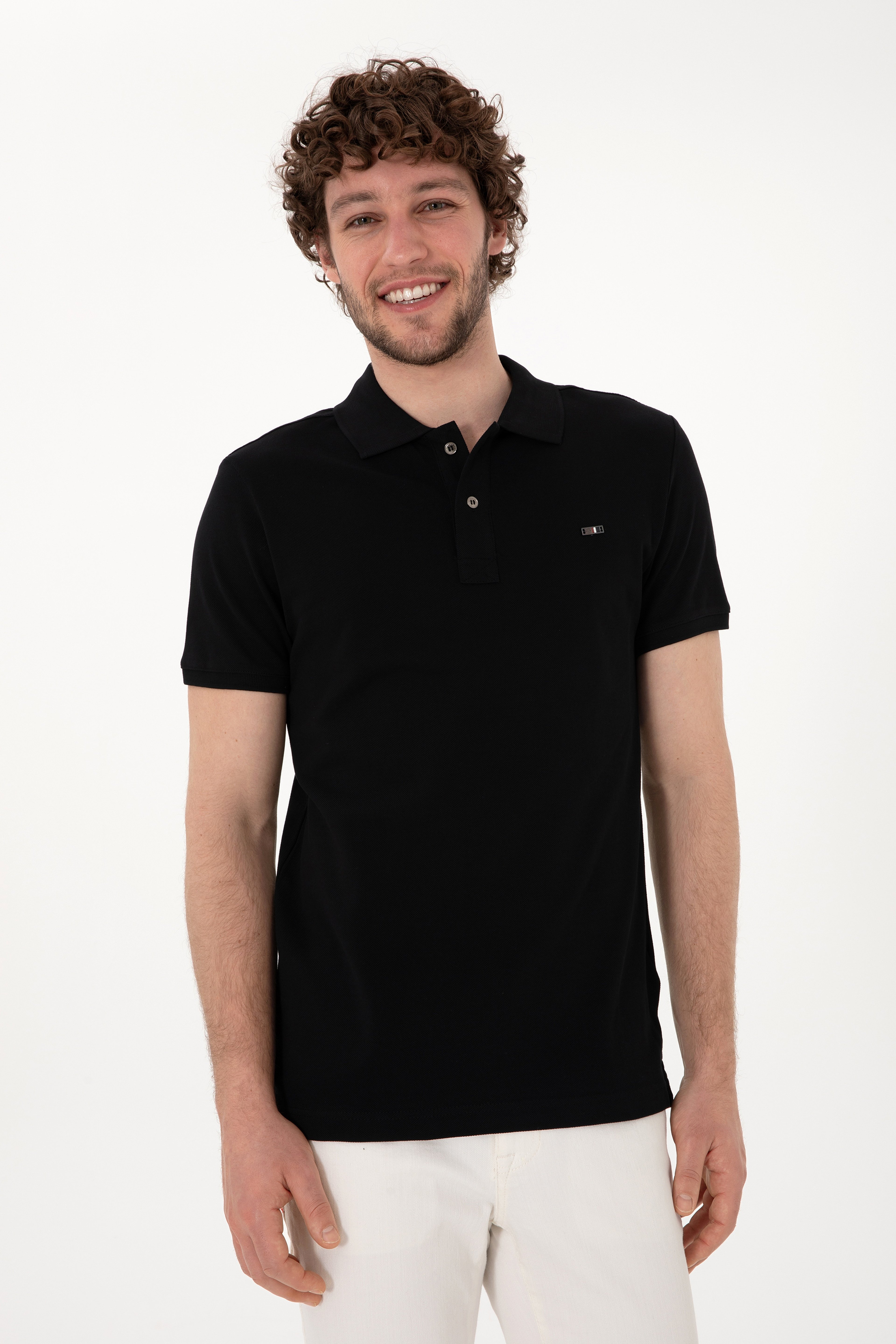 Erkek Slim Fit Polo Yaka Siyah Basic Tişört
