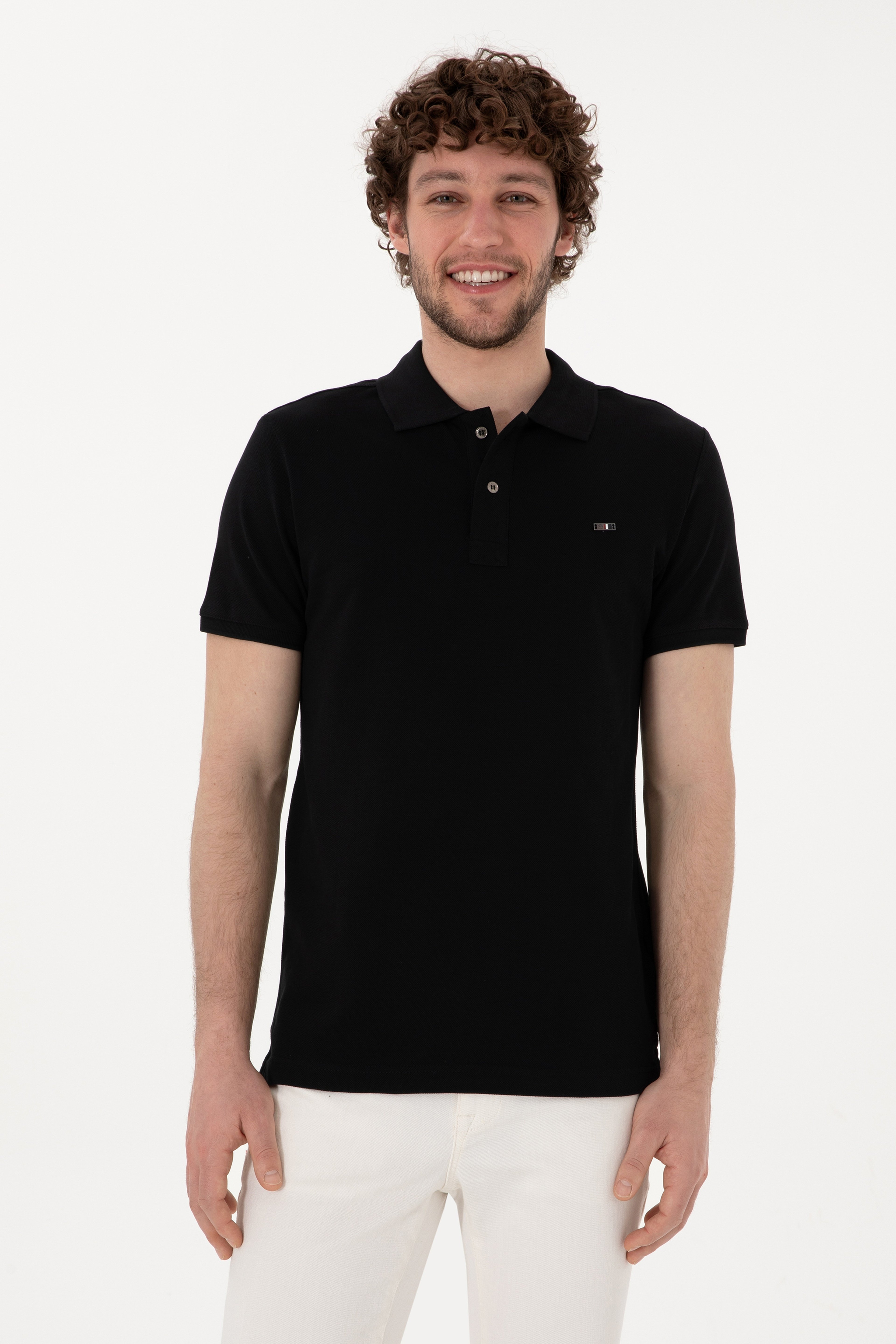 Erkek Slim Fit Polo Yaka Siyah Basic Tişört - Image 1
