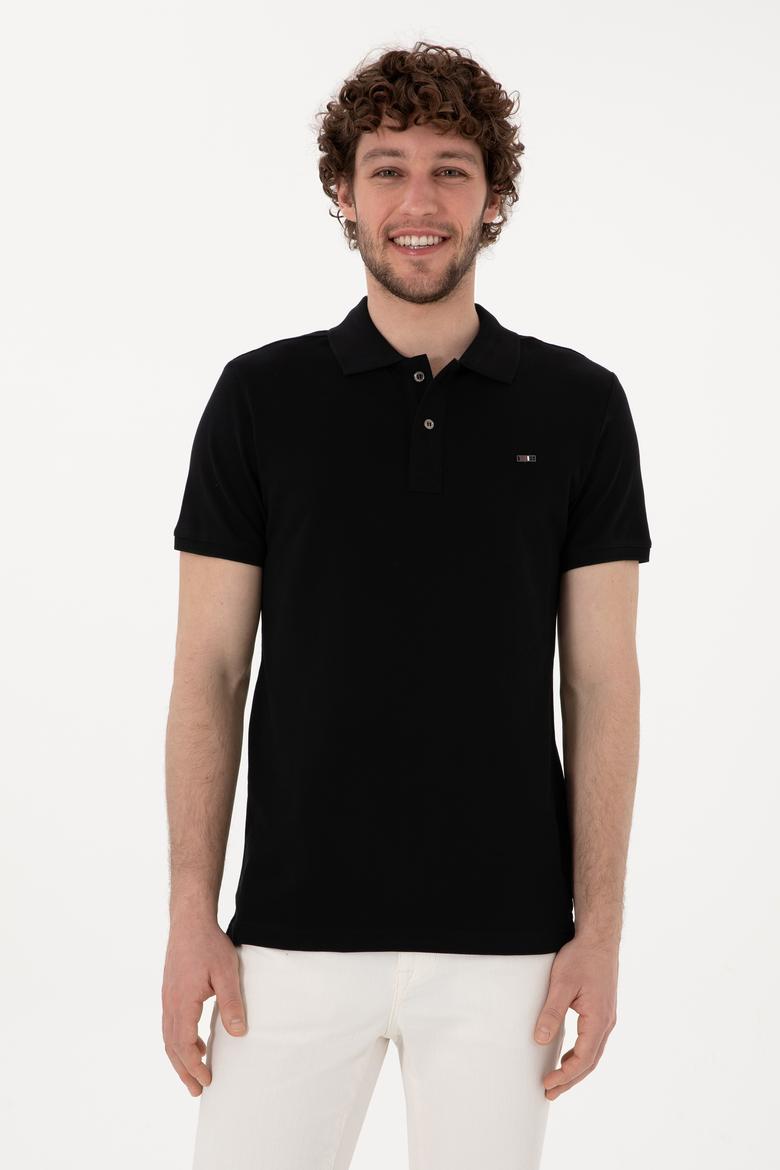 Erkek Slim Fit Polo Yaka Siyah Basic Tişört