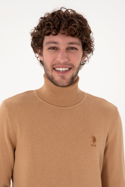 Erkek Slim Fit Balıkçı Yaka Camel Melanj Basic Kazak