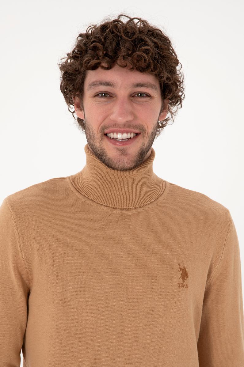 Erkek Slim Fit Balıkçı Yaka Camel Melanj Basic Kazak