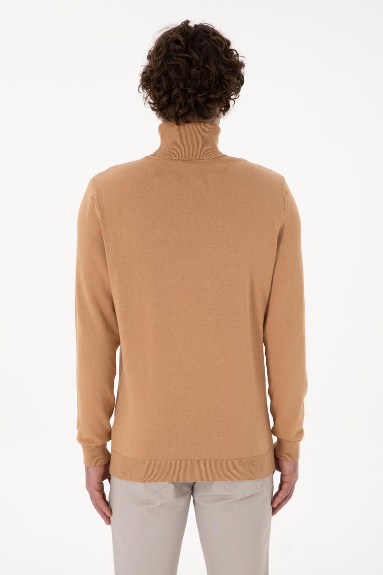 Erkek Slim Fit Balıkçı Yaka Camel Melanj Basic Kazak - 50288884122