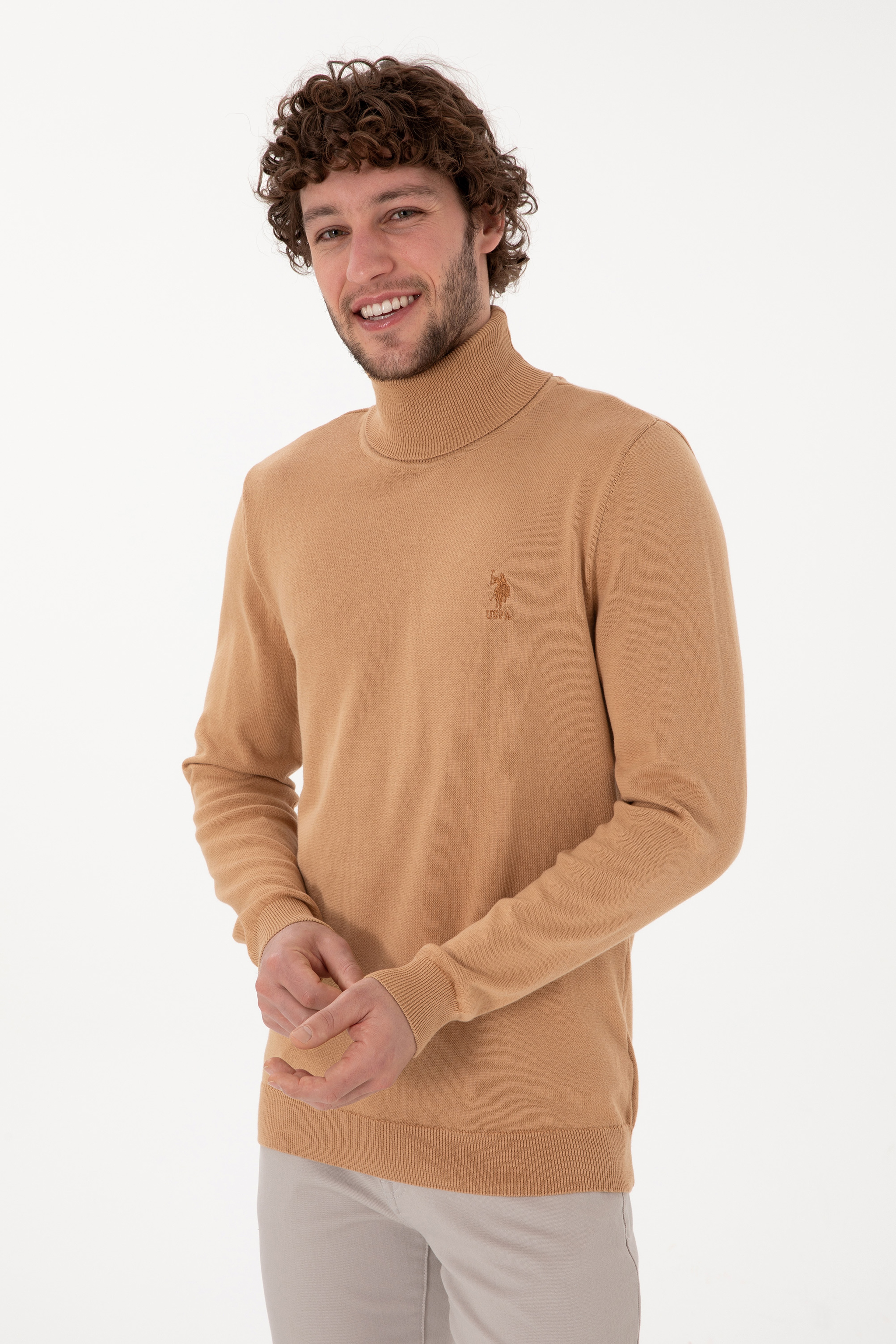 Erkek Slim Fit Balıkçı Yaka Camel Melanj Basic Kazak
