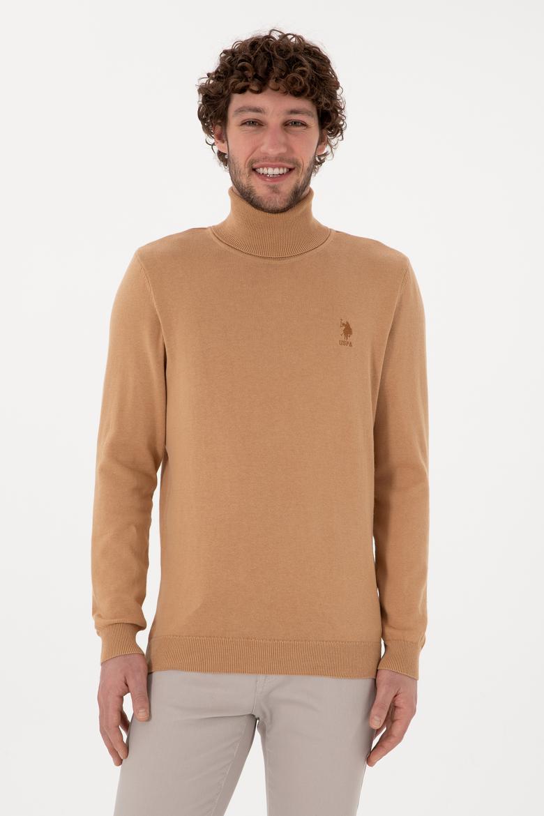 Erkek Slim Fit Balıkçı Yaka Camel Melanj Basic Kazak