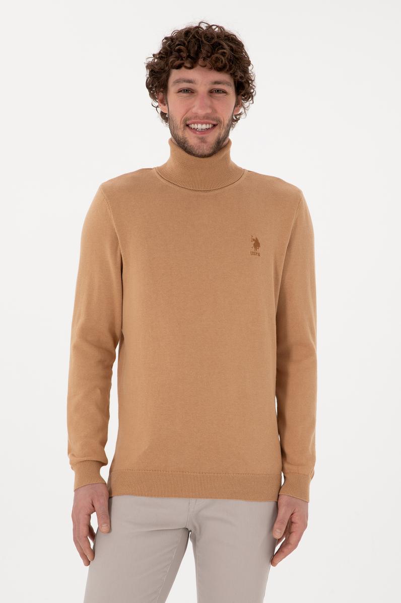 Erkek Slim Fit Balıkçı Yaka Camel Melanj Basic Kazak