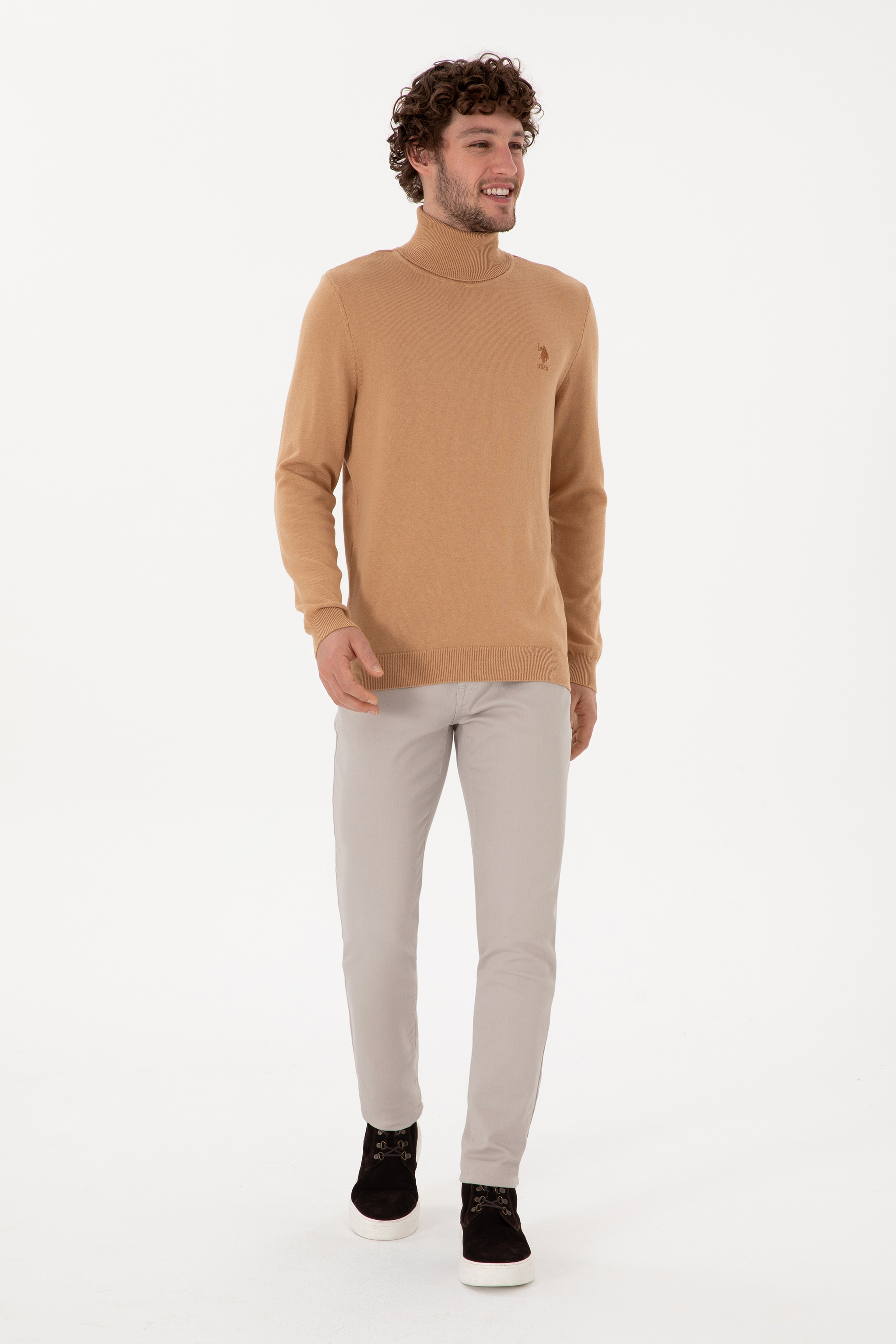 Erkek Slim Fit Balıkçı Yaka Camel Melanj Basic Kazak - Image 4