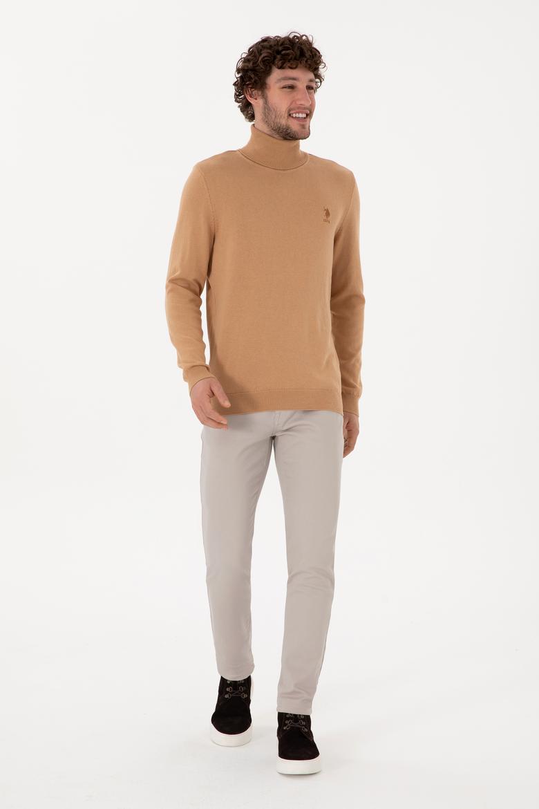 Erkek Slim Fit Balıkçı Yaka Camel Melanj Basic Kazak - 50288884122